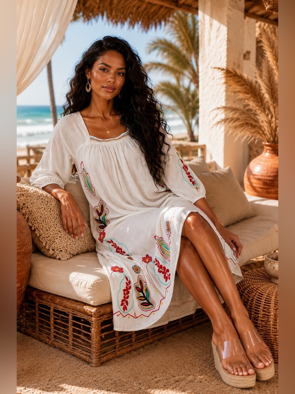 White Embroidered Boho Midi Dress with Colorful Floral Motifs - Picture 3 of 5